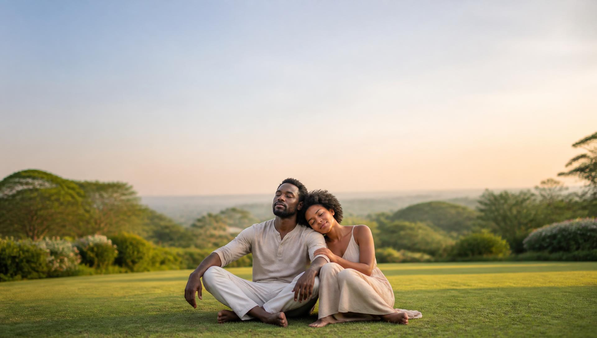 A couple sitting together in a sunlit garden
